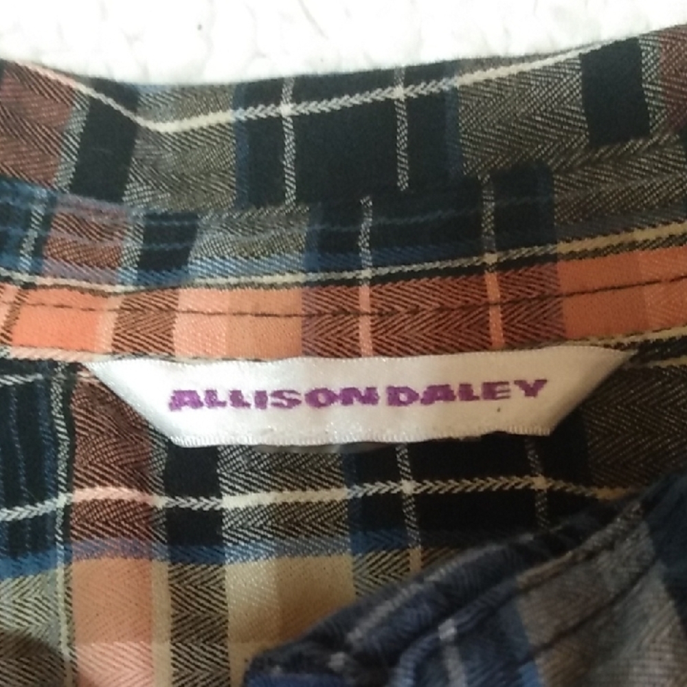 Allison Daley WMNS Blue & Peach Plaid Button-Up Flannel Shirt - Roll Tab Sleeves - Picture 9 of 12